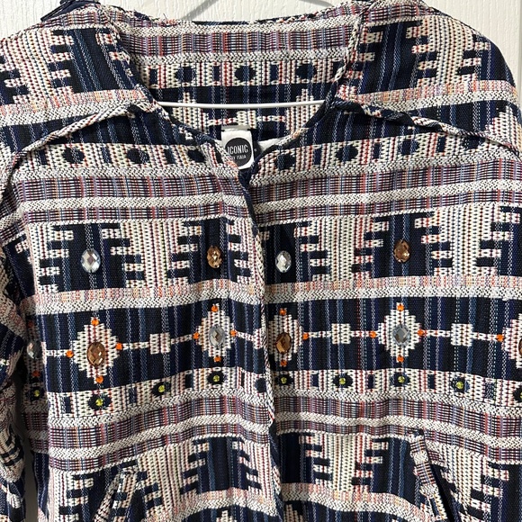 Iconic by Iskia Cream  Black Aztec Tribal Print Embellished Tapestry  Jacket - Picture 2 of 15